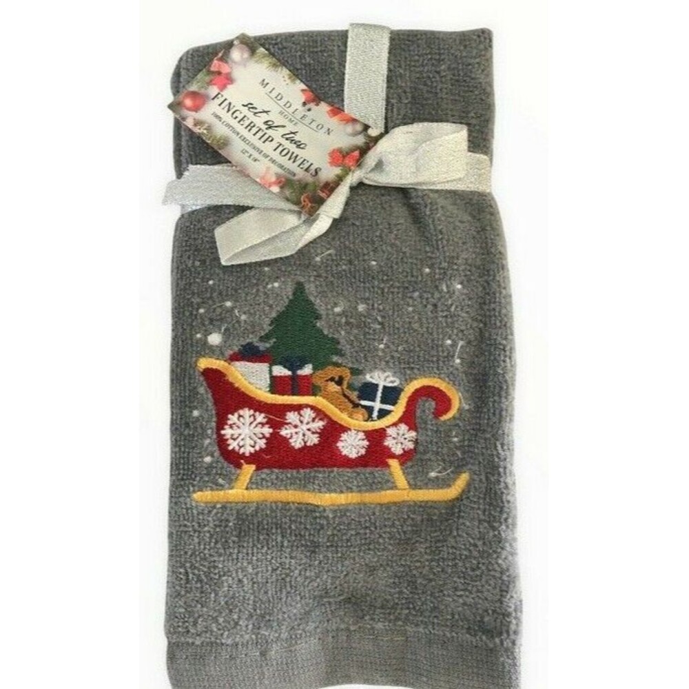 Christmas Tree Fingertip Towels Santa Sleigh Embroidered Guest Holiday Set of 2